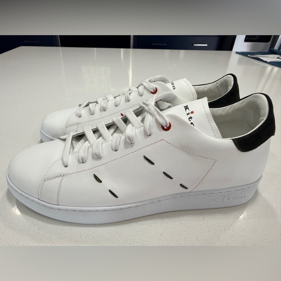 Kiton Men’s Suede-Trim Leather Logo Sneakers White Size 12 MSRP $1,000 (w/ COA) - Picture 4 of 14